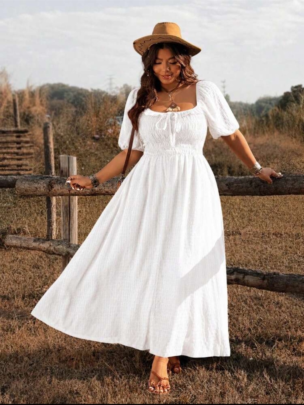 SHEIN White Smocked Maxi Dress with Puff Sleeves - Picture 3 of 7